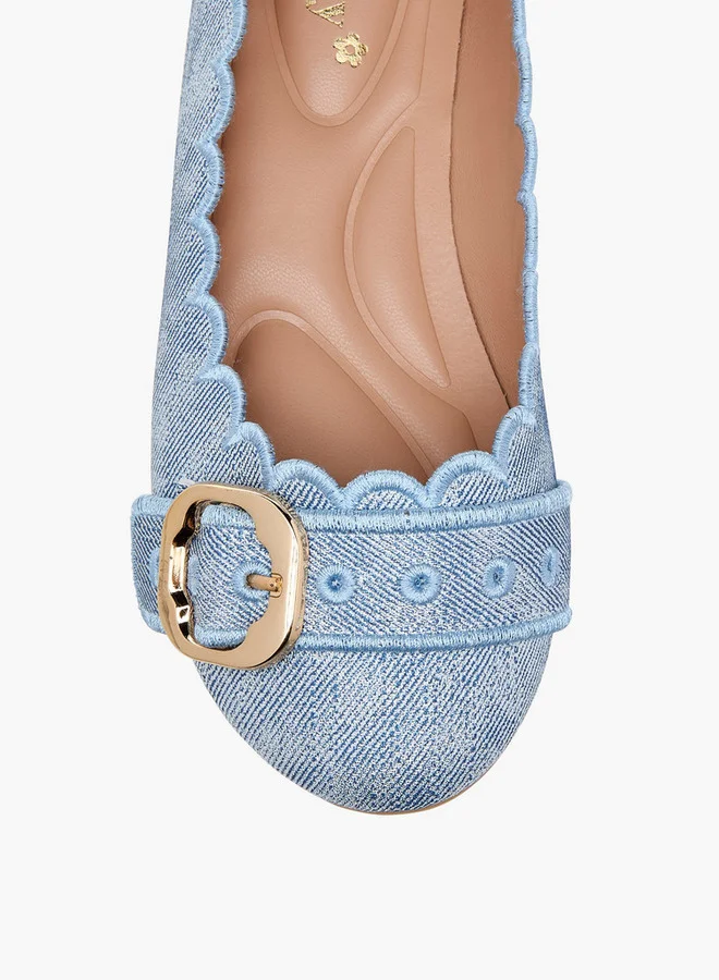 Little Missy Girls Scallop Detail Slip-On Ballerina Shoes with Buckle Accent