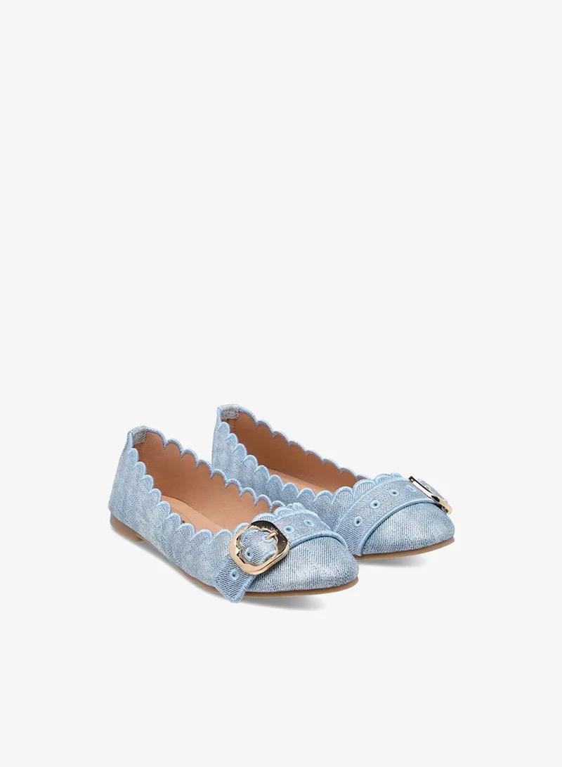 Girls Scallop Detail Slip-On Ballerina Shoes with Buckle Accent