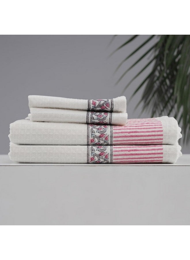 Peepul Tree Block Printed Hand and Bath Towels, Super Absorbent, Soft & Faster Drying, Floral Printed 100% Pure Cotton, 240 GSM (2 Hand 2 Bath Towel Set, Pink) - Image 2
