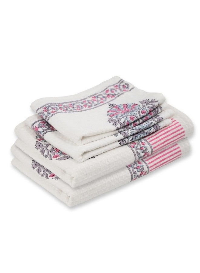 Peepul Tree Block Printed Hand and Bath Towels, Super Absorbent, Soft & Faster Drying, Floral Printed 100% Pure Cotton, 240 GSM (2 Hand 2 Bath Towel Set, Pink) - Image 1