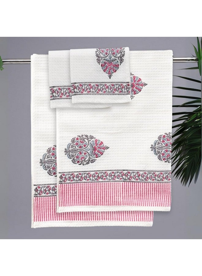 Peepul Tree Block Printed Hand and Bath Towels, Super Absorbent, Soft & Faster Drying, Floral Printed 100% Pure Cotton, 240 GSM (2 Hand 2 Bath Towel Set, Pink) - Image 3