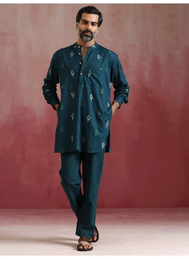 ترو برونز Men's Blue Ikat Print Mandarin Collar Kurta Co-ord set