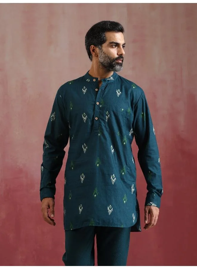 ترو برونز Men's Blue Ikat Print Mandarin Collar Kurta Co-ord set