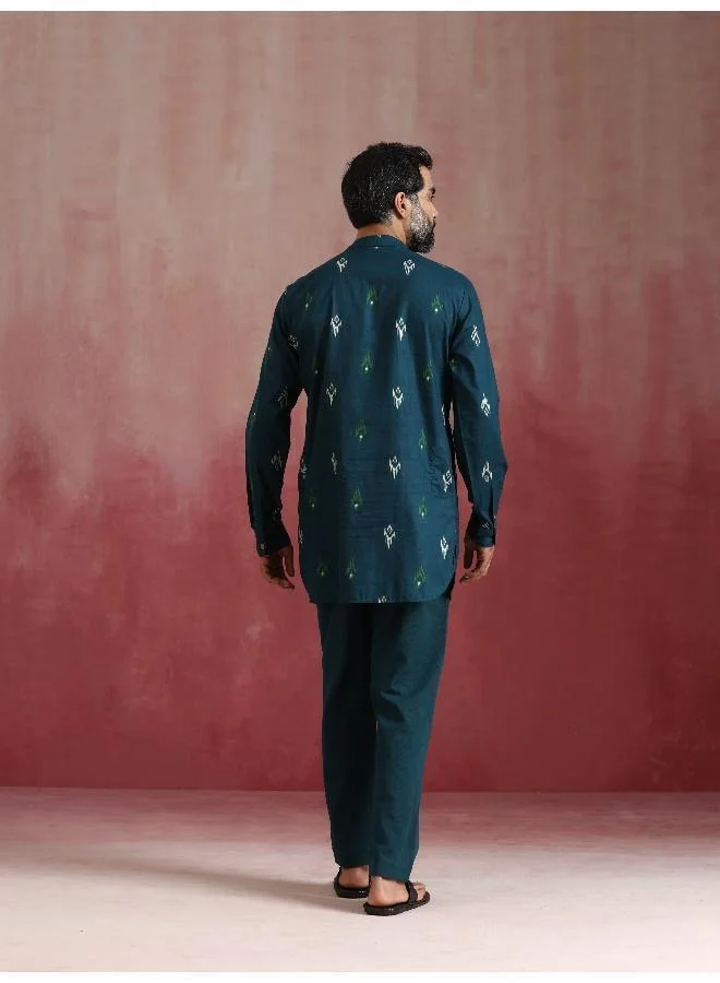 trueBrowns Men's Blue Ikat Print Mandarin Collar Kurta Co-ord set