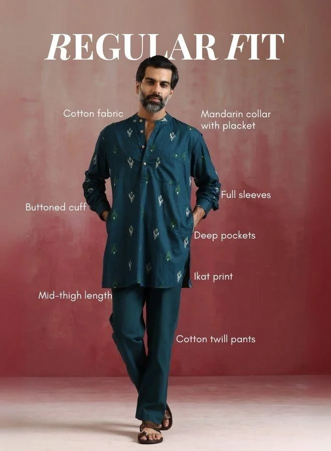 trueBrowns Men's Blue Ikat Print Mandarin Collar Kurta Co-ord set