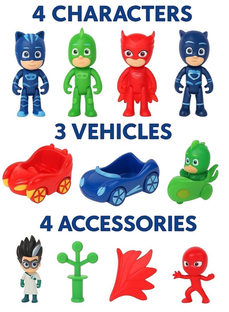 PJ Masks 10PCS Action Figure Set for Kids – 4 Characters, 3 Vehicles & 4 Accessories | Superhero Catboy, Owlette, Gekko Figures with Cars | Pretend Play Hero Toy Set for Boys & Girls | Kids Superhero Playset Gift - Image 2