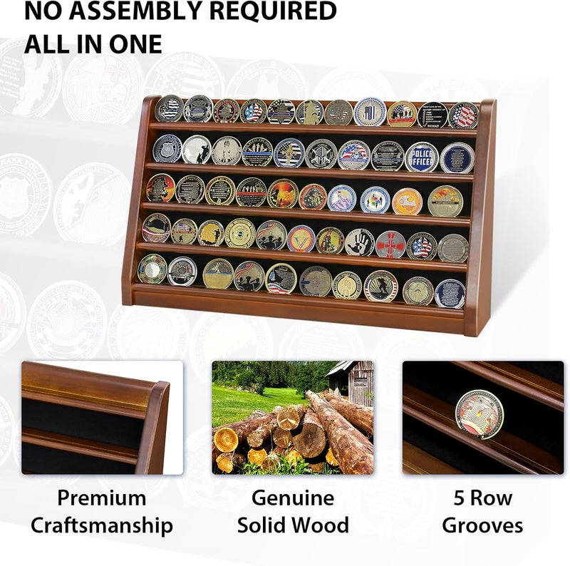 ASmileIndeep 5 Rows Challenge Coin Holder Display Stand Holds 50 Coins for Wall Mount or Tabletop, Solid Wood Military Coin Rack Display Case for Collectibles, Walnut - Image 5