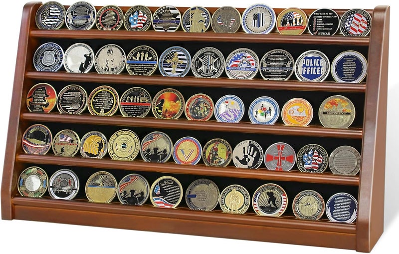 ASmileIndeep 5 Rows Challenge Coin Holder Display Stand Holds 50 Coins for Wall Mount or Tabletop, Solid Wood Military Coin Rack Display Case for Collectibles, Walnut - Image 1