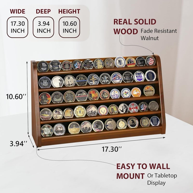 ASmileIndeep 5 Rows Challenge Coin Holder Display Stand Holds 50 Coins for Wall Mount or Tabletop, Solid Wood Military Coin Rack Display Case for Collectibles, Walnut - Image 2