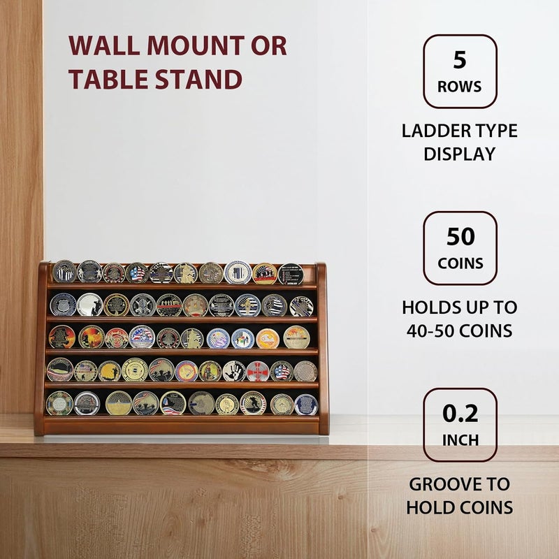 ASmileIndeep 5 Rows Challenge Coin Holder Display Stand Holds 50 Coins for Wall Mount or Tabletop, Solid Wood Military Coin Rack Display Case for Collectibles, Walnut - Image 3