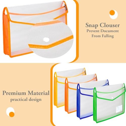 Shuban 2 Pcs Transparent Poly-Plastic Documents File Storage Bag with Snap Button Closer Expandable File Folder for Certificates FS Legal Document Holder for Document (Assorted Color) - Image 5