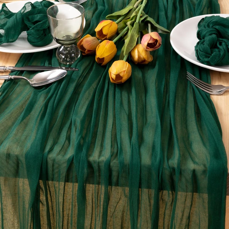 MLMC Emerald Green Table Runner Boho Dark Green Cheesecloth Table Runner 10ft Sheer Gauze Cheese Cloth Decorations for Fall Wedding Bridal Shower Home Party Christmas Decor