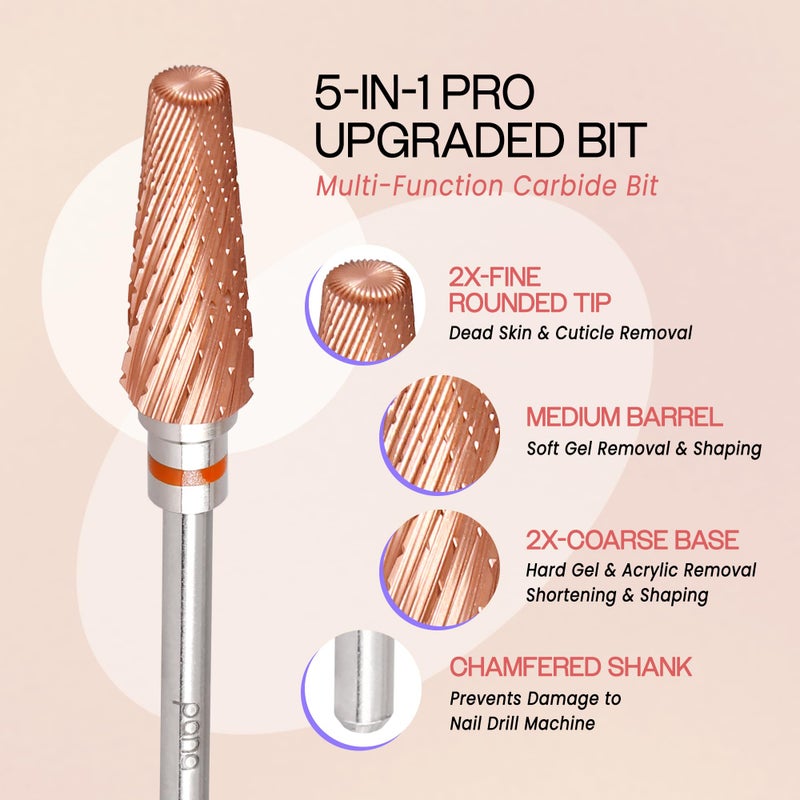 PANA 5-in-1 Pro Upgraded Multi-Function Drill Bit 3/32" Shank Size - (Rose Gold, 2X Coarse to 2X Fine) - Mix Size Tungsten Drill Bit Fast Remove Acrylic Hard Gel Nail for Manicure Pedicure - Image 3