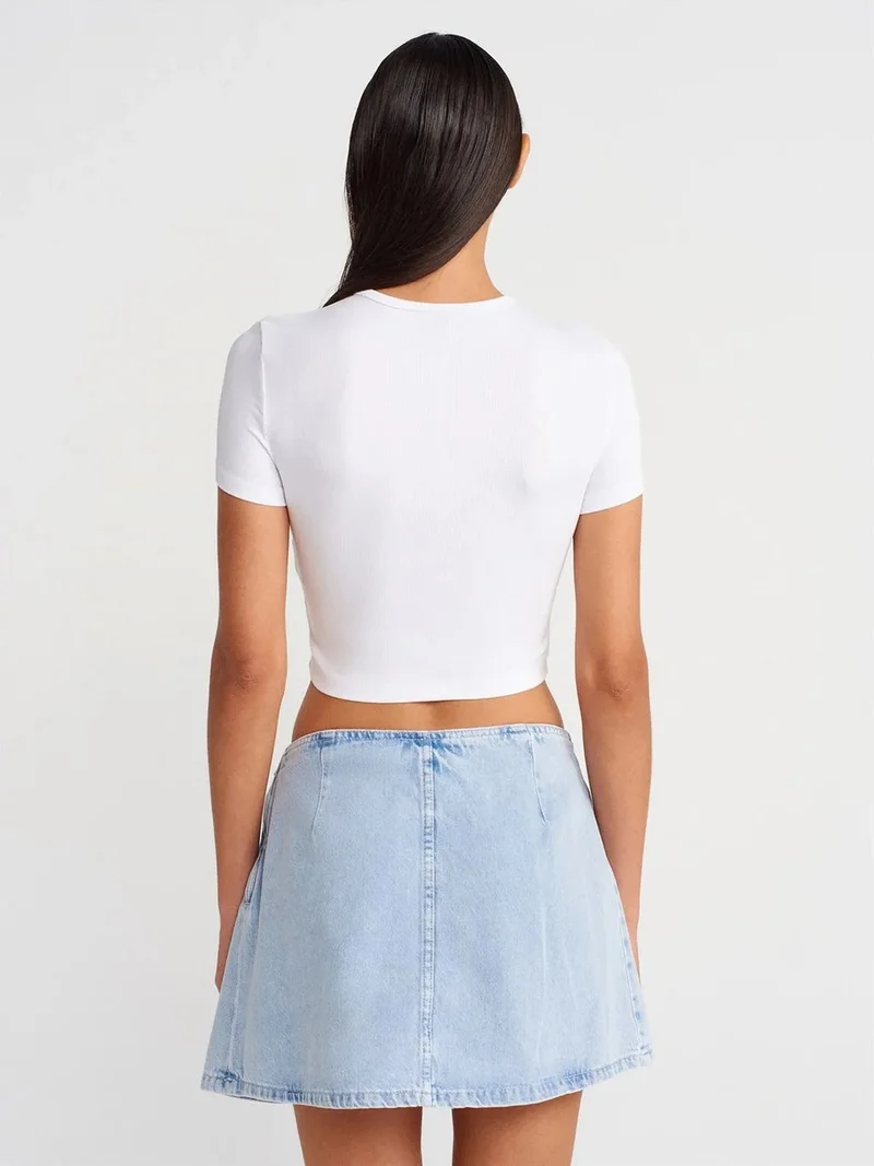 ديلفين DILVIN Cotton Denim Mini A-Line Skirt With Bow Detail