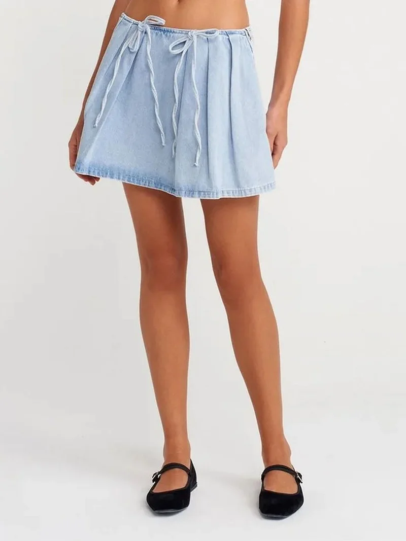 ديلفين DILVIN Cotton Denim Mini A-Line Skirt With Bow Detail