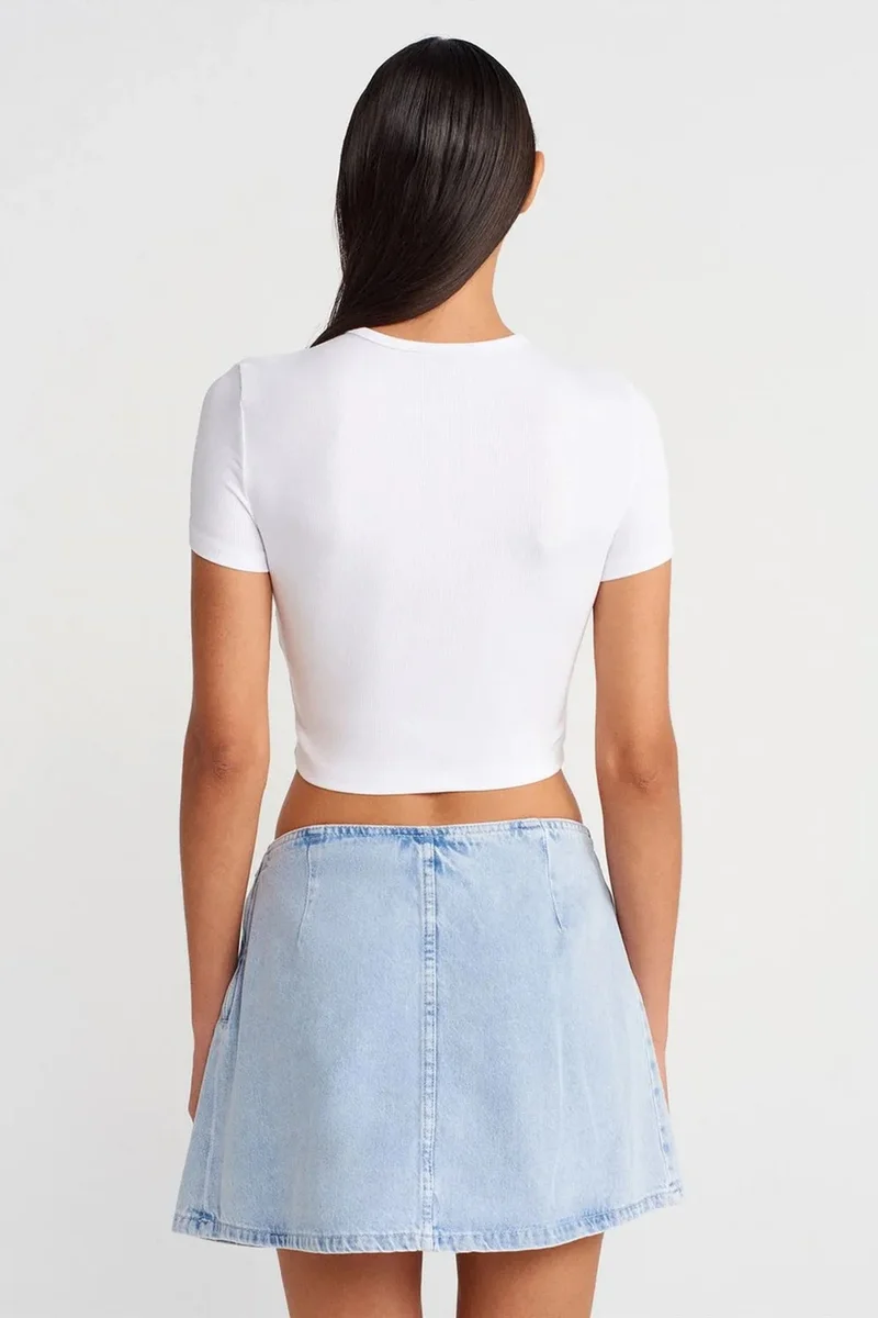 Dilvin Light Blue Denim DILVIN Cotton Denim Mini A-Line Skirt With Bow Detail for Women | Best Price UAE