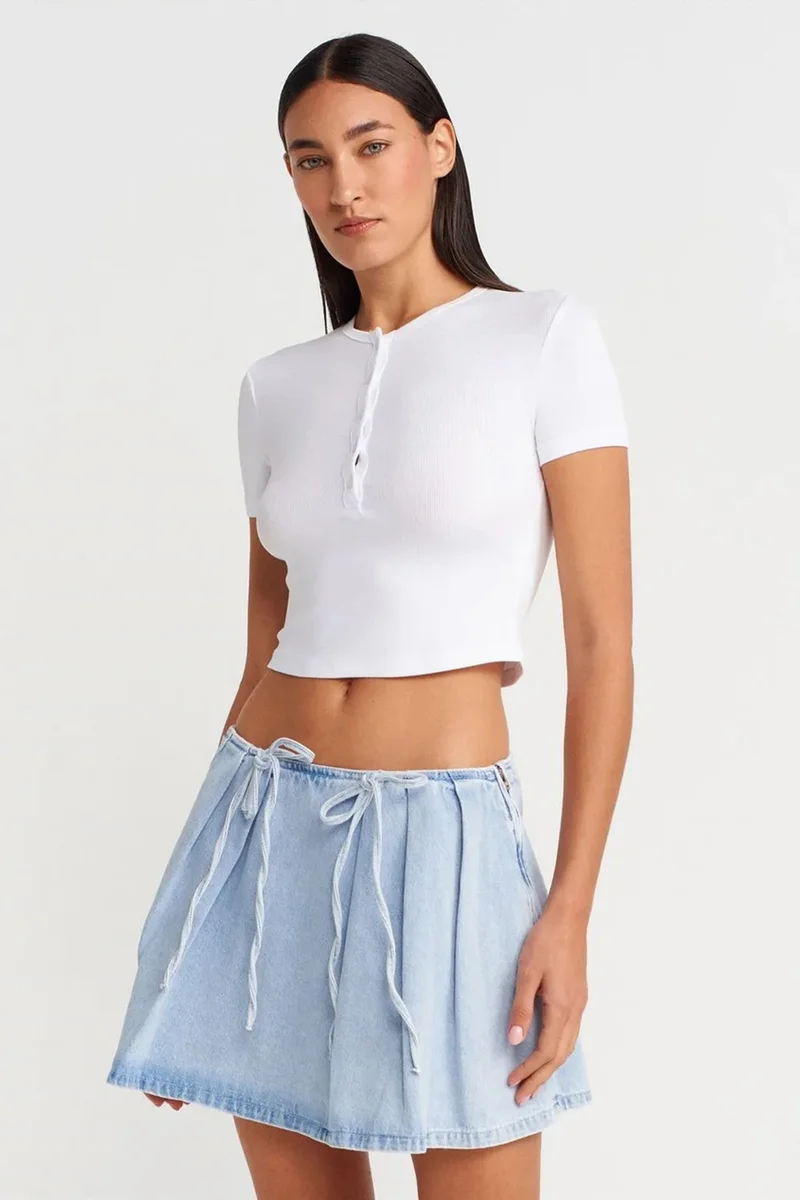 Dilvin Light Blue Denim DILVIN Cotton Denim Mini A-Line Skirt With Bow Detail for Women | Best Price UAE