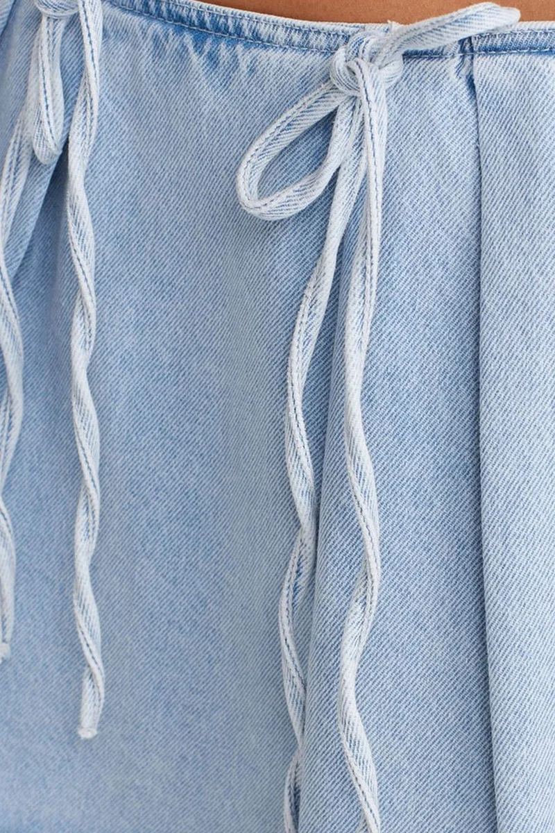 Dilvin Light Blue Denim DILVIN Cotton Denim Mini A-Line Skirt With Bow Detail for Women | Best Price UAE