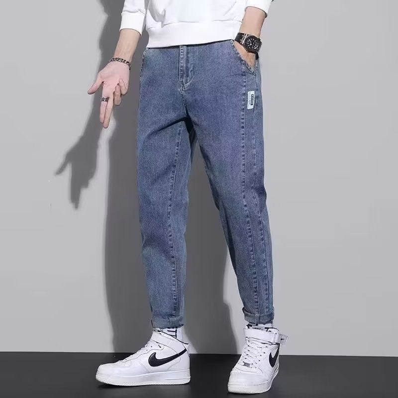 Spring and Autumn Jeans Mens Korean-style New Slim-fit Stretch Leg Pants Students Trendy All-match Washed Straight Leg Pants 588L Blue  - Image 1