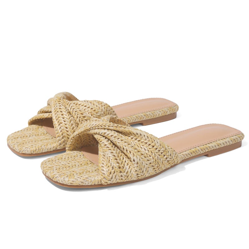 EQAUDES Women's Espadrille Flats Sandals Summer Raffia Wove Slip On Slides - Square Toe, Square Toe, Dress,Vacation, Wedding, Fashion - Image 1