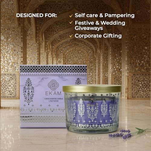 EKAM 2025–26 Festive Fragrance Gift| Scented 3 Wick Candle| Lavender | Inspired by Sheesh Mahal | 28-Hour Burn | Essential Oil Infused | Gift Box for Festive Celebrations, Weddings, Giveaways, etc. - Image 3
