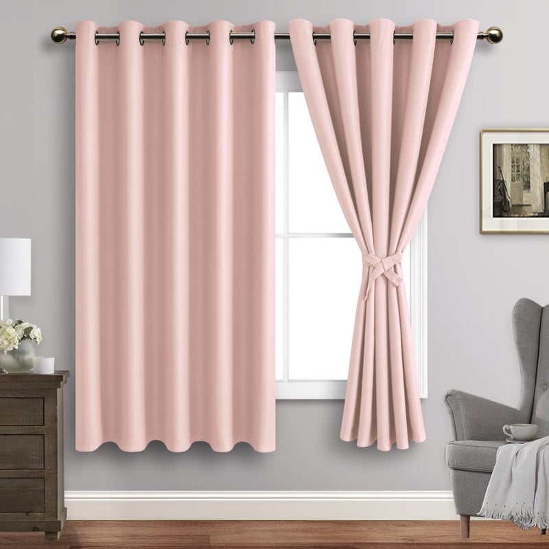JIUZHEN Blush Pink Blackout Curtains with Tiebacks Thermal Insulated  Light Blocking and Noise Reducing Grommet Curtains for Bedroom and Living Room  Set of 2 Window Curtain Panel  60 x 63 Inch Length - Image 1