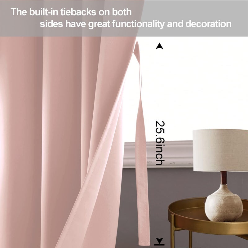 JIUZHEN Blush Pink Blackout Curtains with Tiebacks Thermal Insulated  Light Blocking and Noise Reducing Grommet Curtains for Bedroom and Living Room  Set of 2 Window Curtain Panel  60 x 63 Inch Length - Image 3