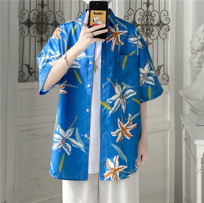 Japanese Style Beach Style Thin Vintage Floral Shirt Short-sleeved Floral Shirt Mens Loose Fashionable Couples All-match Half-sleeve Shirt Light blue 1173