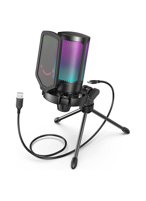 Gaming USB Microphone for PC PS5, FIFINE Condenser Mic with Quick Mute, RGB Indicator, Tripod Stand, Pop Filter, Shock Mount, Gain Control for Streaming Discord Twitch Podcasts Videos- AmpliGame