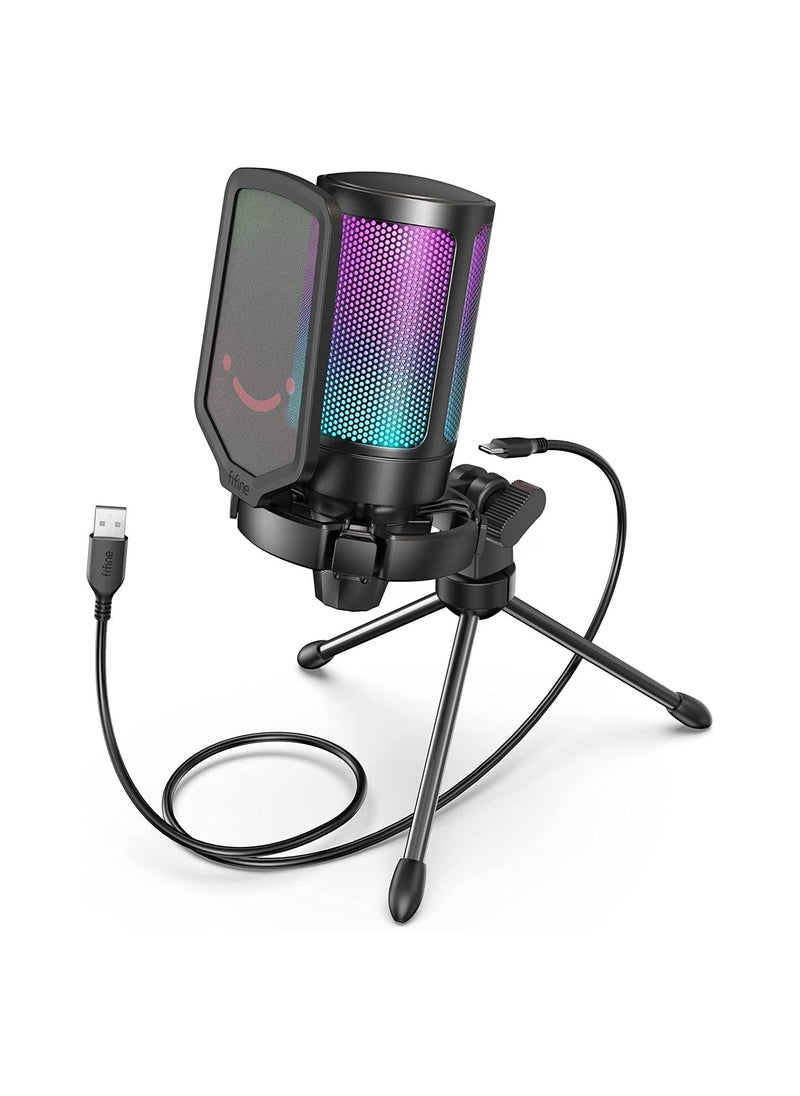 Gaming USB Microphone for PC PS5, FIFINE Condenser Mic with Quick Mute, RGB Indicator, Tripod Stand, Pop Filter, Shock Mount, Gain Control for Streaming Discord Twitch Podcasts Videos- AmpliGame