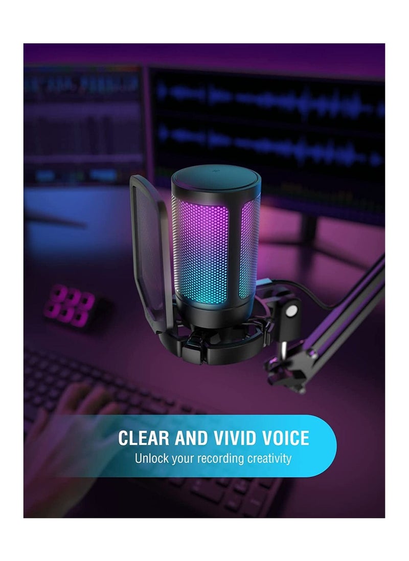 Gaming USB Microphone for PC PS5, FIFINE Condenser Mic with Quick Mute, RGB Indicator, Tripod Stand, Pop Filter, Shock Mount, Gain Control for Streaming Discord Twitch Podcasts Videos- AmpliGame