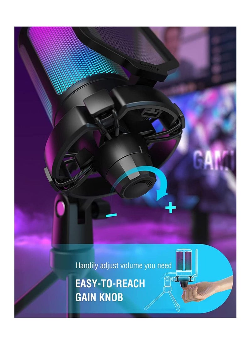 Gaming USB Microphone for PC PS5, FIFINE Condenser Mic with Quick Mute, RGB Indicator, Tripod Stand, Pop Filter, Shock Mount, Gain Control for Streaming Discord Twitch Podcasts Videos- AmpliGame