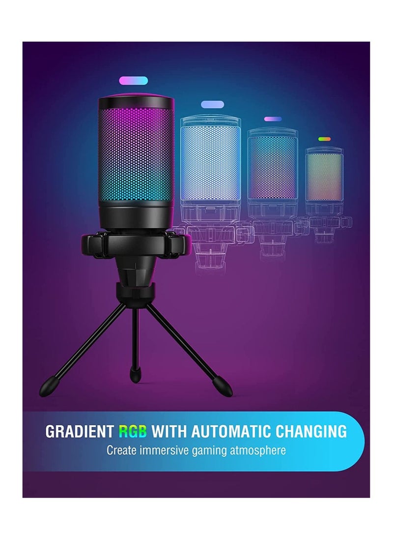 Gaming USB Microphone for PC PS5, FIFINE Condenser Mic with Quick Mute, RGB Indicator, Tripod Stand, Pop Filter, Shock Mount, Gain Control for Streaming Discord Twitch Podcasts Videos- AmpliGame