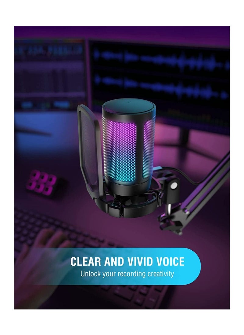 Gaming USB Microphone for PC PS5, FIFINE Condenser Mic with Quick Mute, RGB Indicator, Tripod Stand, Pop Filter, Shock Mount, Gain Control for Streaming Discord Twitch Podcasts Videos- AmpliGame