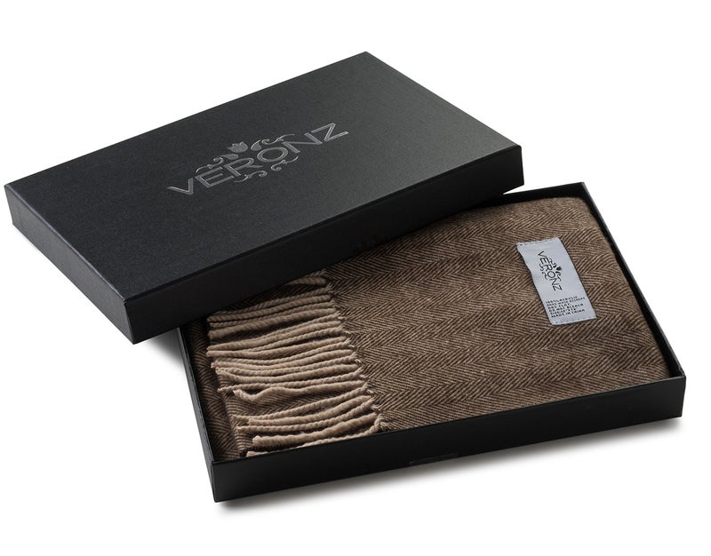 VERONZ Super Soft Luxurious Classic Cashmere Feel Winter Scarf (Brown Herringbone) - Image 2