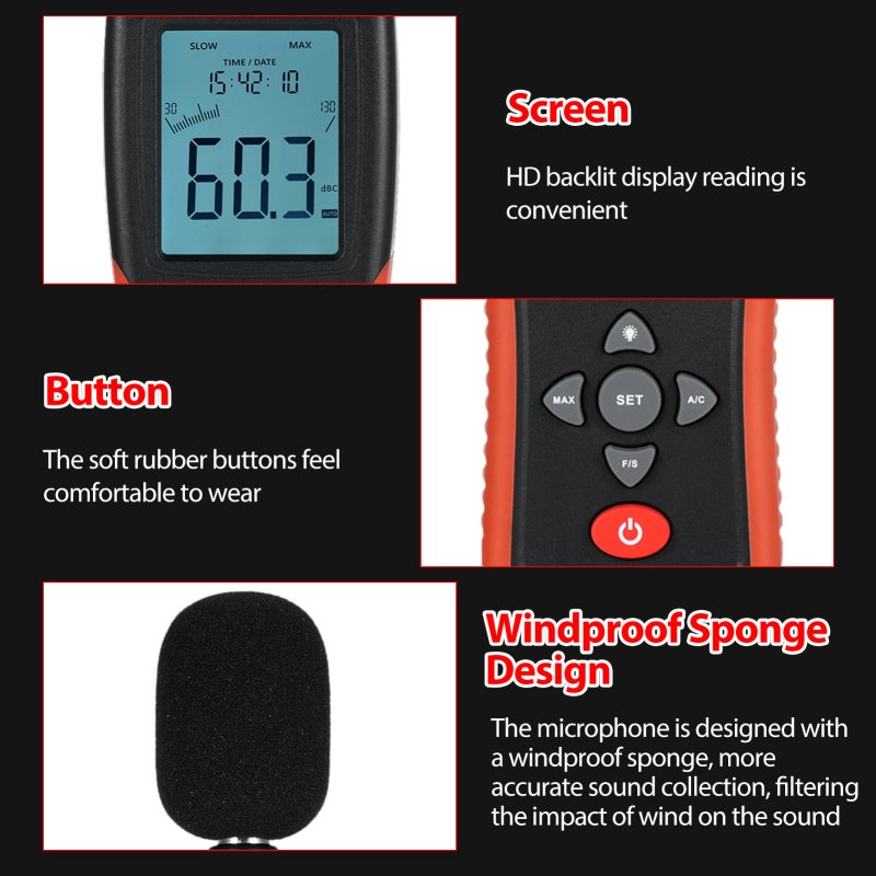 Digital Sound Level Meter: 30 To 130 Db ±1.5 Db Accuracy A/C Weighted Measurement - Fast Slow Response Portable SPL Meter for Home Industrial Personal Noise Monitoring - Image 5