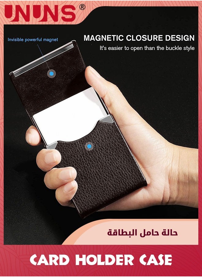 UNUNS Business Card Holder Case,PU Leather ID Card Holder With Magnetic Clasp,Fashion Professional Metal Pocket Card Organizer,Magnetic Suction Business Card Wallet,Best Gift For Men Women,Brown  - Image 4