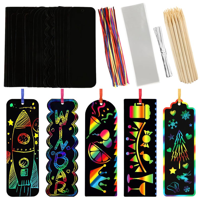 PEASUG Scratch Art, 40 Sets 5 Styles Scratch Art for Kids, Rainbow Scratch Paper Art Sets, Magic Black Scratch Off Paper Eid Bookmarks Gifts for Kids, DIY Art Craft Paper Party Favors Easter Crafts - Image 1