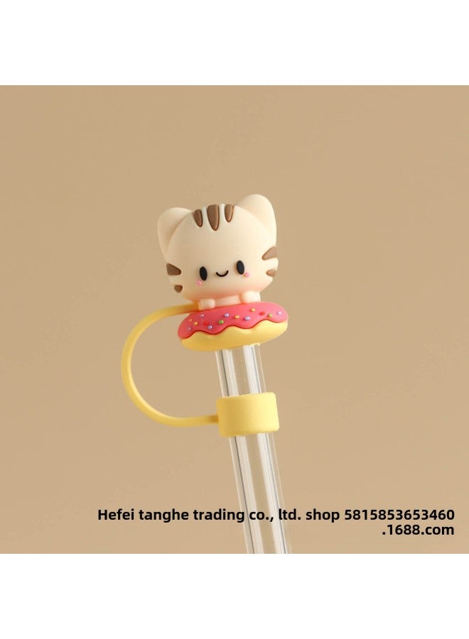 10mm Straw Plug Cover Cross-border Silicone Dust Cap Dust Plug Accessories Suitable For Stanley Water Cup Straw Cap Decoration-Color:10mm Cartoon Hat Cat Donut - Image 1