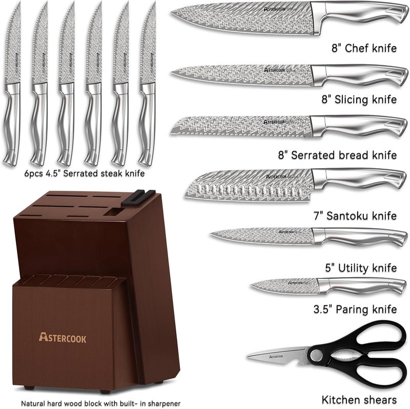 Astercook طقم سكاكين، طقم سكاكين مطبخ مكون من 15 قطعة مع حامل، شSharpener مدمج، طقم سكاكين من الفولاذ المقاوم للصدأ الألماني، آمن للغسل في غسالة الصحون - Image 2