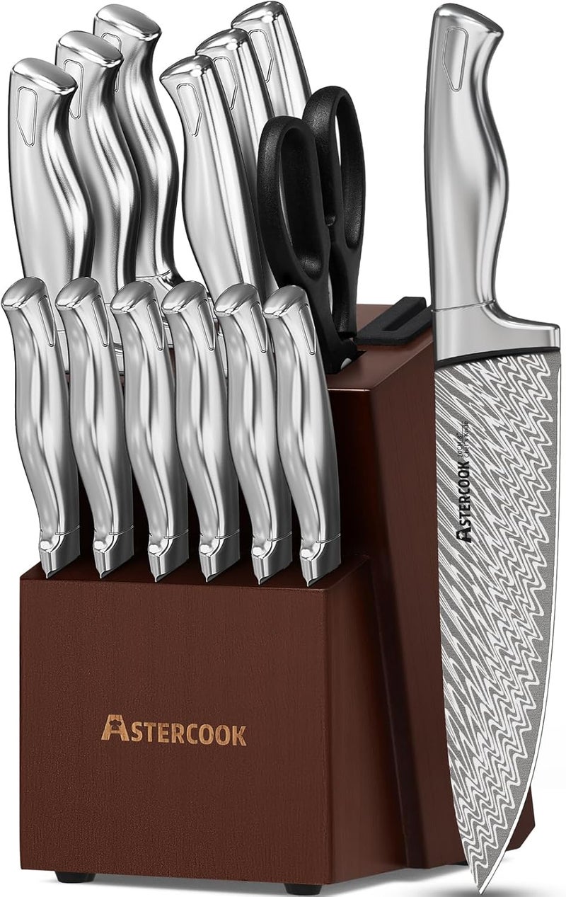 Astercook طقم سكاكين، طقم سكاكين مطبخ مكون من 15 قطعة مع حامل، شSharpener مدمج، طقم سكاكين من الفولاذ المقاوم للصدأ الألماني، آمن للغسل في غسالة الصحون - Image 1
