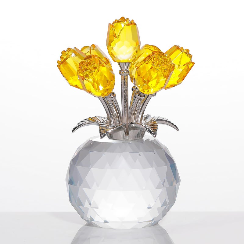 Movdyka Yellow Rose Flower Crystal Figurine with Vase  Bouquet Flowers Ornament Gifts for Wife Girlfriend Women   Handmade Crystal Flower Collectible Home Table Decor for Valentine's Day Wedding Anniversary - Image 1