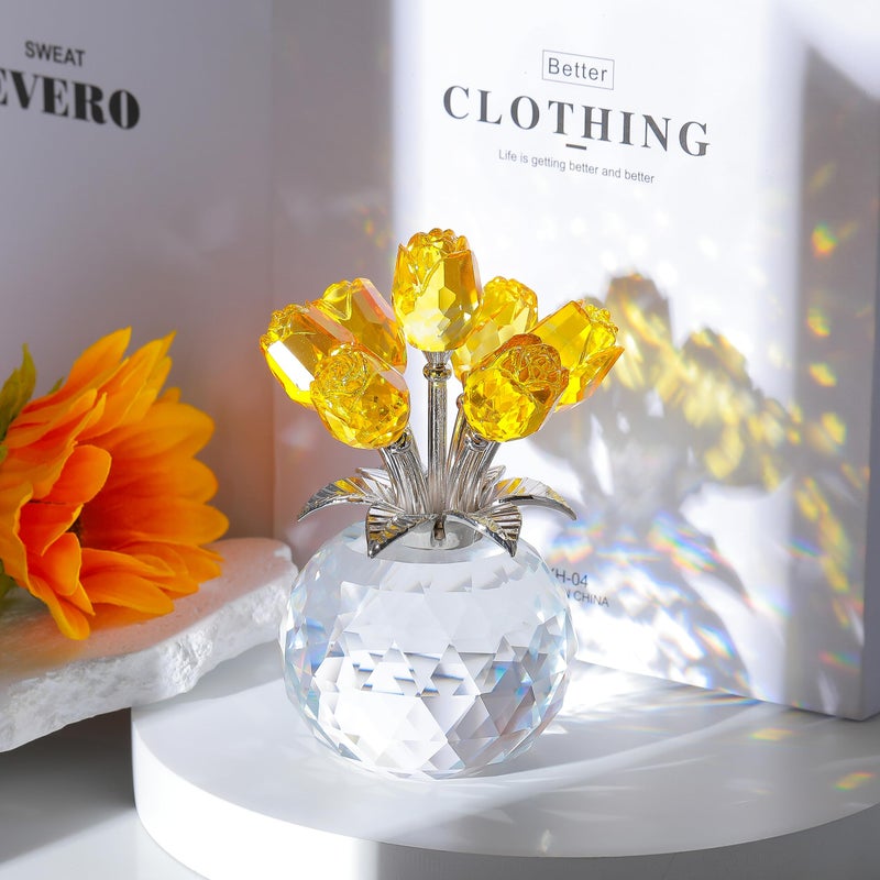 Movdyka Yellow Rose Flower Crystal Figurine with Vase  Bouquet Flowers Ornament Gifts for Wife Girlfriend Women   Handmade Crystal Flower Collectible Home Table Decor for Valentine's Day Wedding Anniversary - Image 2