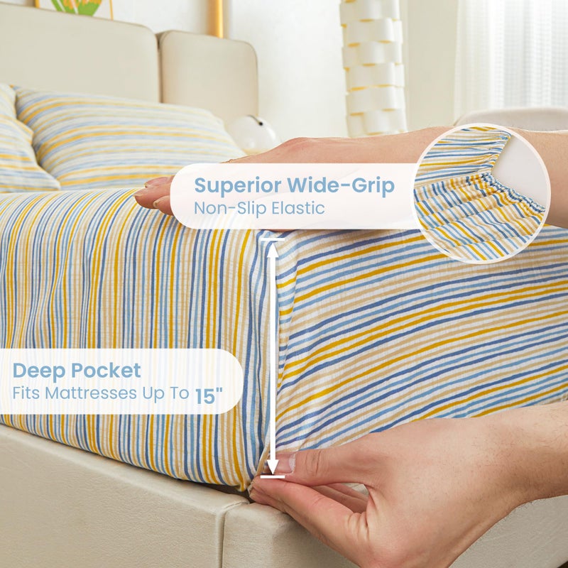 Mooreeke Striped Queen Bed Sheets, Deep Pocket 4 Piece Queen Sheet Set, Soft Microfiber Blue Yellow Pinstripe Bedding Sheets & Pillowcases - Image 4