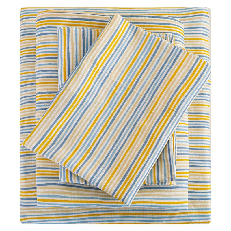 Mooreeke Striped Queen Bed Sheets, Deep Pocket 4 Piece Queen Sheet Set, Soft Microfiber Blue Yellow Pinstripe Bedding Sheets & Pillowcases - Image 1