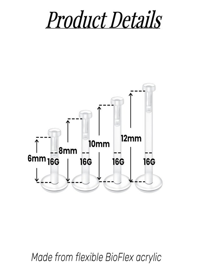 FECTAS 20PCS 16G Plastic Stud Earrings, Clear Bioflex Cartilage Helix Daith Rook Tragus Lip Labret Medusa Monroe Piercing Retainers for Surgery, Work, Sports, 6/8/10/12mm - Image 2