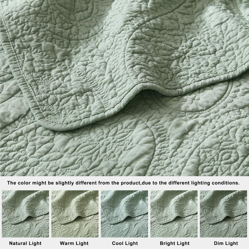 PALASSIO Sage Green Paisley 100% Cotton Quilt King Size Bedding Sets with 2 Pillow Shams, Boho Floral Lightweight Farmhouse Country Vintage Soft Bedspread Shabby Chic Coverlet for All Season, 3 Pieces - Image 2