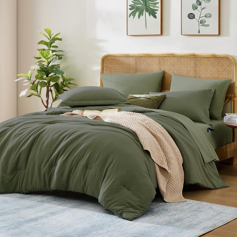 WRENSONGE Queen Comforter Set 7 Pieces Soft Olive Green Bed in a Bag with Fitted Sheet Flat Sheet 2 Pillow Shams and 2 Pillowcases Warm Bedding Sets Queen for All Season