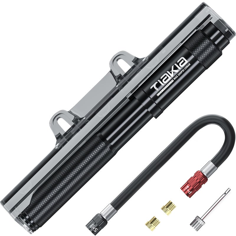 Tiakia Mini Bike Pump, Portable Bicycle Pump with Bracket, 260PSI High Pressure Frame Pump Air Hand Pump Fit Presta, Schrader & Woods Valves, Aluminum Alloy Tire Pump for Road/Mountain Bikes, Balls - Image 1