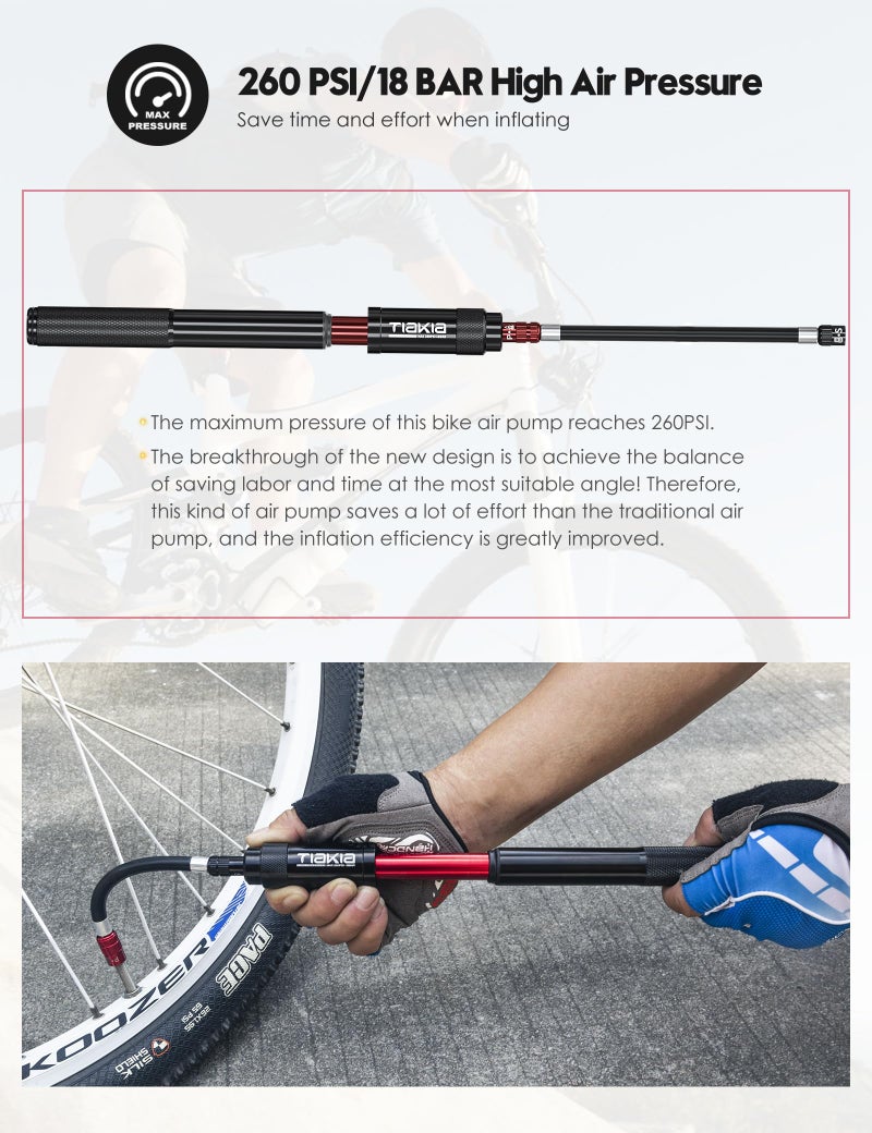 Tiakia Mini Bike Pump, Portable Bicycle Pump with Bracket, 260PSI High Pressure Frame Pump Air Hand Pump Fit Presta, Schrader & Woods Valves, Aluminum Alloy Tire Pump for Road/Mountain Bikes, Balls - Image 4